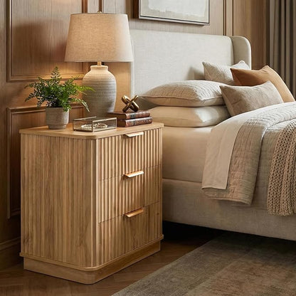 LYNCOHOME Fluted Night Stand Set of 2, Large 3 Drawer Nightand, Wood Bedside Table, Multifunctional Bed Side Table & End Table, Dresser for Bedroom, Living Room Closet, Natural
