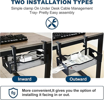 Large Under Desk Cable Management Tray - Heavy Duty Metal Cord Organizer with No Drill Installation for Office & Home Office Desks to Hide Wires & Power Strips (Black, XL)