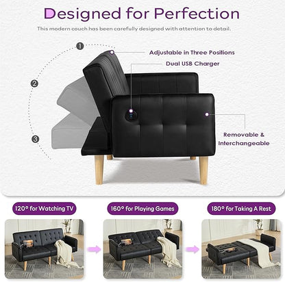 TYBOATLE Faux Leather Convertible 65'' Folding Futon Sofa Bed w/ 2 USB, Loveseat for Small Space, Apartment, Dorm, Living Room, Office, Black