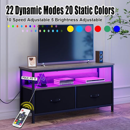 39" Dresser TV Stand for TVs up to 50", Media Console with LED Lights, Charging Station & 2 Drawer Storage Chest, Gaming Entertainment Center with Storage for Bedroom (Grey, 39 in)