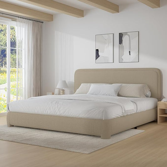 BarnFurin Boucle Upholstered Bed Frame King Size/Cloud Bed Frame/Soft Rounded Corners Headboard/Low Profile/No Box Spring Needed/Beige