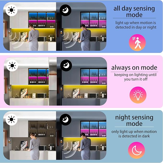 Under Bed Lights Motion Sensor LED Light Strip, 20ft 3 Mode RGB Motion Activated Bed Light with Music Sync and Timer, Color Changing Dimmable LED Light for Bedroom Stair