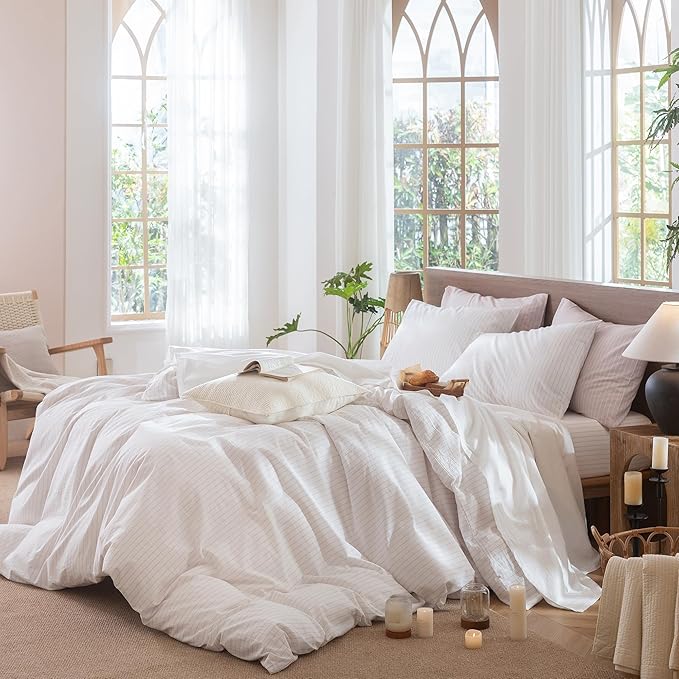 MooMee Striped Duvet Cover Set 100% Washed Cotton Linen Like Textured Breathable Durable Soft Comfy (White Heathered Greyish Pink Wide Stripes, Oversized Full 82"x86")
