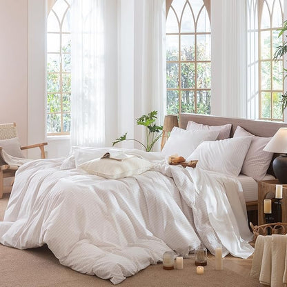 MooMee Striped Duvet Cover Set 100% Washed Cotton Linen Like Textured Breathable Durable Soft Comfy (White Heathered Greyish Pink Wide Stripes, Palatial King/Oversized King 120"x98")