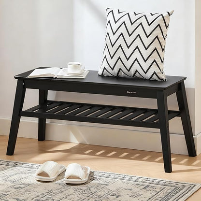 Nnewvante Bamboo Entryway Bench, 33.46" End of Bed Bench, 2 Tier Black Bench for Bedroom, Indoor Bench for Living Room, Dining Room, Hallway, Holds up to 300lbs