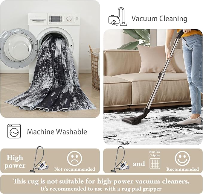 3x8 Hallway Washable Runner Rug: Extra Long Kitchen Runner Non Slip Abstract Rugs Printed Faux Wool Low Pile Soft Indoor Floor Carpet for Bedroon Dining Living Room Bathroom Black White 3x8