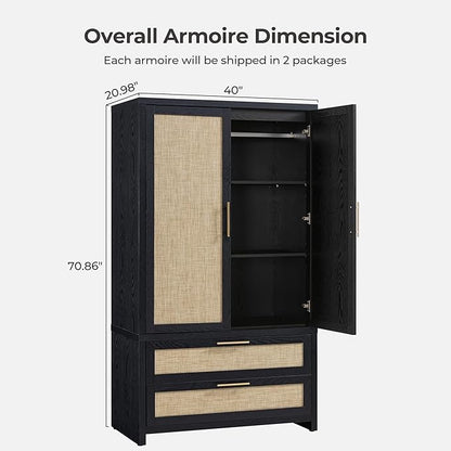 SICOTAS Rattan Armoire Wardrobe Closet Cabinet, 71" Wardrobe Storage Cabinet with Doors, 2 Drawers and Hanging Rod, Boho Large-Capacity Deep Armoire Clothes Organizer for Bedroom, Black Oak