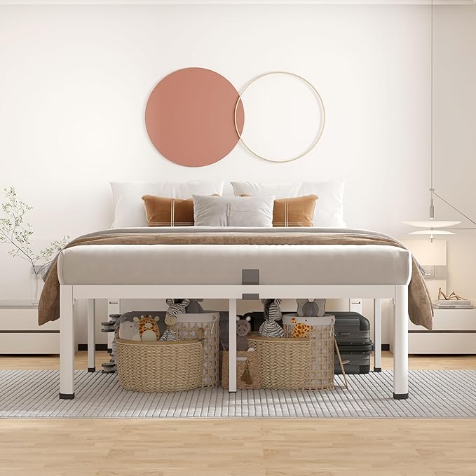 ROIL 20 Inch White King Bed Frame with Rounded Corner and Headboard Hole Mattress Retainers, 3500LBS Heavy Duty Steel Slats No Box Spring Needed Platform Noise-Free Easy Assembly