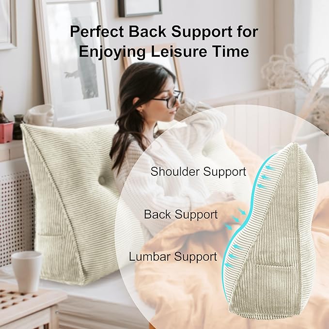 WOWMAX 100% Cotton Corduroy Headboard Pillow – Queen Size Back Support Reading Wedge for Bed & Daybed, Plush Handmade Bolster Cushion with Removable Cover, Cozy Bed Rest Pillow, White