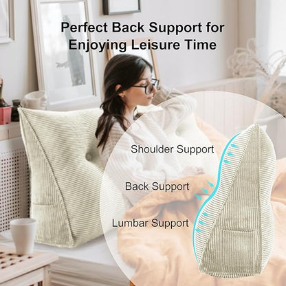 WOWMAX 100% Cotton Corduroy Headboard Pillow – Queen Size Back Support Reading Wedge for Bed & Daybed, Plush Handmade Bolster Cushion with Removable Cover, Cozy Bed Rest Pillow, White