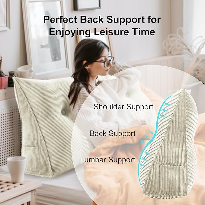 WOWMAX 100% Cotton Corduroy Headboard Pillow – King Size Back Support Reading Wedge for Bed & Daybed, Plush Handmade Bolster Cushion with Removable Cover, Cozy Bed Rest Pillow, White