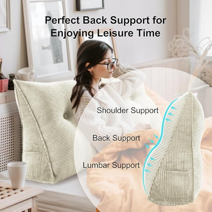 WOWMAX 100% Cotton Corduroy Headboard Pillow – King Size Back Support Reading Wedge for Bed & Daybed, Plush Handmade Bolster Cushion with Removable Cover, Cozy Bed Rest Pillow, White