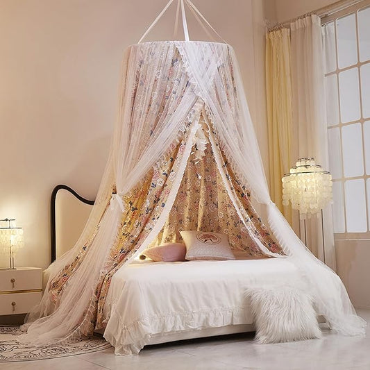 VETHIN Double Layer Princess Round Dome Canopy Bed Curtain for Girls Adults,Children Dreamy Mosquito Net,Cute Bedroom Decoration Castle Play Tent Reading Nook Canopies (Flowers/White)