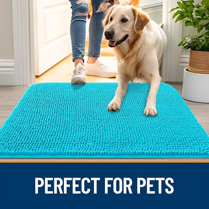 OLANLY Dog Door Mat for Muddy Paws 36x24, Absorbs Moisture and Dirt, Absorbent Non-Slip Washable Doormat, Quick Dry Chenille Mud Mat for Dogs, Entry Indoor Entryway Carpet for Inside Floor, Aqua Blue