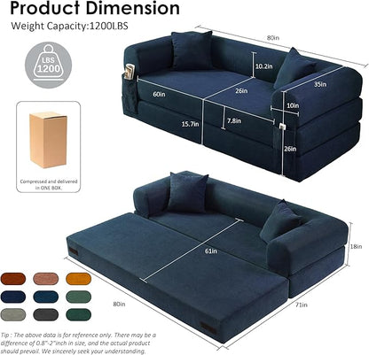 80" Convertible Sofa Bed, Corduroy Deep Seat Folding Pull Out Couch with Pillows, No Assembly Modern Boneless Couch Compression Sofa in Box, Floor Sofa with Storage Pocket for Living Room,Navy Blue