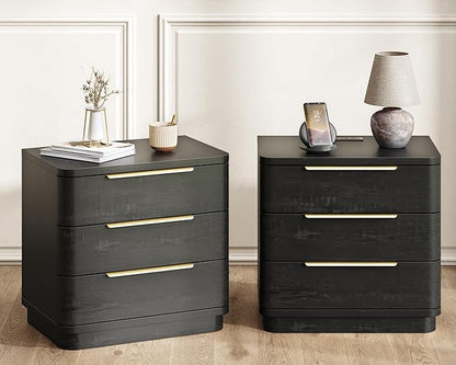 Black Nightstand Bedside Table with 3 Storage Drawers, 24" Tall Wood Night Stand with Charging Station, Modern Wide End Table Side Table W/Metal Handle Curved Profile for Bedroom