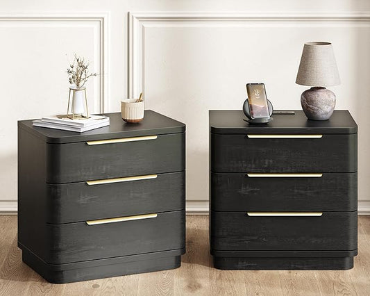 Black Nightstands Set of 2, Bedside Table with 3 Storage Drawers, 24" Tall Wood Night Stand with Charging Station, Modern Wide End Table Side Table W/Metal Handle Curved Profile for Bedroom