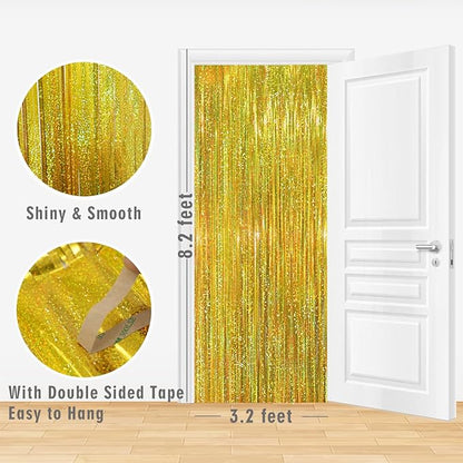 GOER 3.2 ft x 8.2 ft Metallic Tinsel Foil Fringe Curtains Party Photo Backdrop Party Streamers for Birthday,Graduation,New Year Eve Decorations Wedding Decor (3 Packs,Laser Gold)
