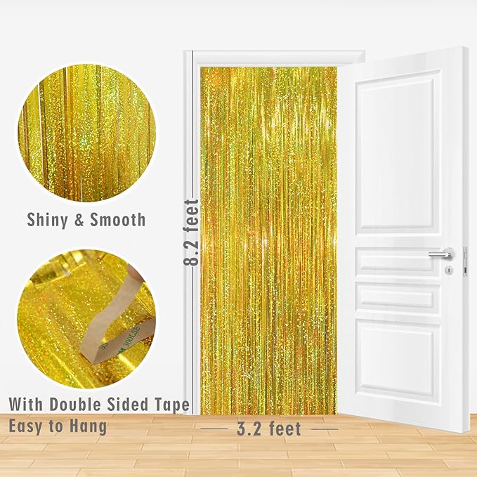 GOER 3.2 ft x 8.2 ft Metallic Tinsel Foil Fringe Curtains Party Photo Backdrop Party Streamers for Birthday,Graduation,New Year Eve Decorations Wedding Decor (1 Pack,Laser Gold)