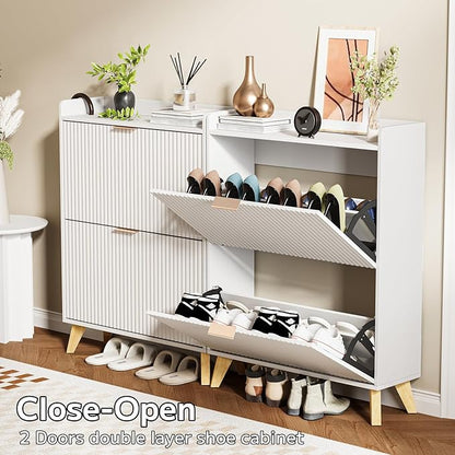 Slim Shoe Storage Cabinet for Entryway, 2 Flip Drawers Wooden Organizer with Fluted Panel, Secure Fence Top for Plants & Decor, Hidden Shoe Storage for Hallway & Foyer (White)