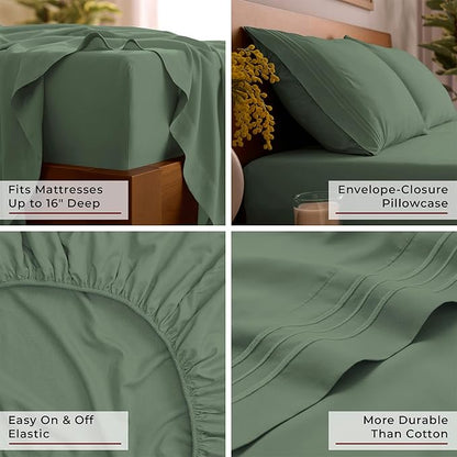 Mellanni King Sheet Set - 6-Piece Iconic Collection Bedding, (Including 4 Pillowcases), 16-Inch Deep Pocket, Easy Care, Extra Soft, Cooling Sheets, Brushed Microfiber - Sage