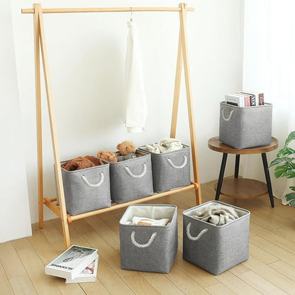 Large 11x11 Inch Cube Storage Bins with Cotton Handles for Closet, Shelves, Clothes, Towel (Gray-6 Pack)
