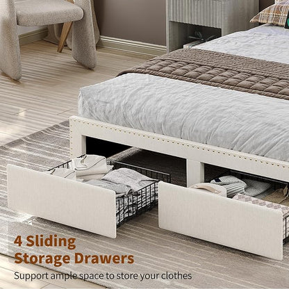 Queen Size Bed Frame with LED Light and Charging Station, Upholstered Bed Frame with 4 Drawers and 2-Tier Storage Headboard, Noise Free, Easy Assembly, Wooden Slats Support, No Box Spring Needed,White