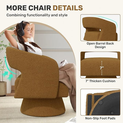 Swivel Accent Chair, Modern Comfy Teddy Barrel Chairs, Oversized Upholstered Round Arm Chair for Living Room, Bedroom, Reading Room, Brown, 1 PCS