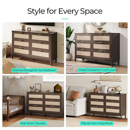 LINSY HOME Rattan Dresser for Bedroom with 6 Drawers, 47" Wide Chest of Drawers, Mid Century Modern Dresser TV Stand with Metal Handle, Wood Closet Storage Cabinet for Living Room, Hallway, Walnut