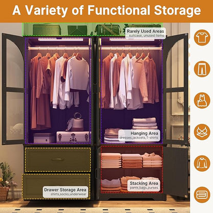 Tall Farmhouse 4 Doors Armoire Wardrobe Closet with LED ,72" Freestanding Arched Wardrobe Closet Cabinet for Bedroom w Glass Doors/Drawers,Wooden Clothing Storage Cabinet,Closets for Bedroom(Black)