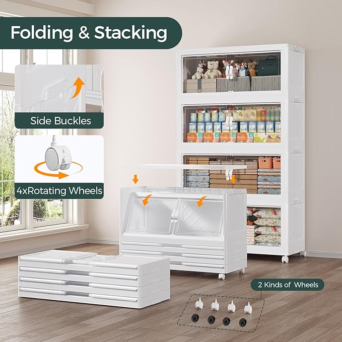 225Gal Stackable Storage Bins with Lid, 900Qt Extra Large Collapsible Storage Box with Doors and Wheels, Plastic Closet Organizer and Storage Cabinet Drawer for Home Kitchen, 5Pack White