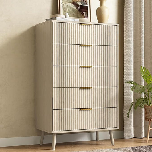 CARPETNAL Fluted 5 Drawers Dresser for Bedroom, 45" Tall Wooden Chest of Drawers with Rounded Corners, Gold Handles, Modern Storage Organizer for Bedroom, Hallway (Beige)