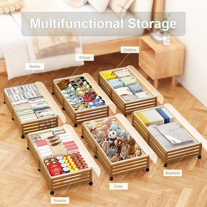 Under Bed Storage with Wheels-Large Bamboo Underbed storage Containers with Large Dust Bag Stackable Under the Bed Shoe Storage Bins for Clothes Books Bedding (2 Packs walnut, 33.07"L×16.54"W× 6.5"H)