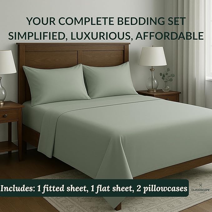 Cloud Scape Linen 100% Egyptian Cotton California King Sheet Set, 400 Thread Count,4 Pieces Luxury Bedding Set, Hotel Quality, Silky Soft, Breathable and Durable, Deep Pockets up to 17, Mineral