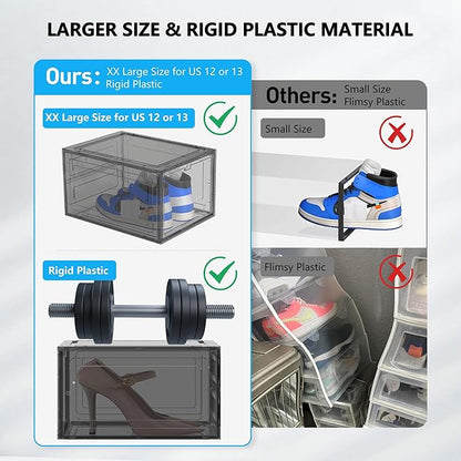 12 Pack Hard Sturdy Thickened Rigid XX Large Shoe Storage Organizer for Closet, Clear Stackable Sneaker Shoe Boxes Rack Containers Display Case Bins with Lids, Grey02