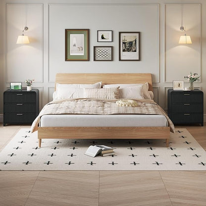 3 Pcs Bedroom Furniture Set, 8 Drawer Fluted Dresser and Nightstand Set of 2 with Charging Station, Modern Bed Side Table Chest of Drawers Storage Cabinet Set for Bedroom, Living Room, Black