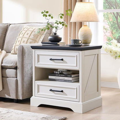 ACCOHOHO 24" Farmhouse Nightstand with Charging Station, 2 Drawers Large Bedside Table with Open Shelf, Rustic End Table for Bedroom - White
