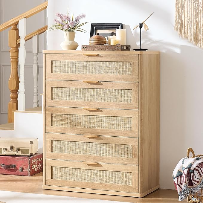 LEYAOYAO Rattan Dresser for Bedroom, 41" Tall Chest of Drawers, Modern 5 Drawers Boho Dressers with Storage, Light Oak Dresser Wooden Closet Organizer for Living Room, Hallway, Natural Wood