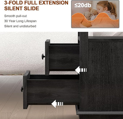 HIFYOBRO Narrow End Table with Flip Top Charging Station Set of 2, Side Table with 2 Drawers, Type-C & USB Port & Power outlets, Wooden Storage Cabinet for Living Room and Bedroom