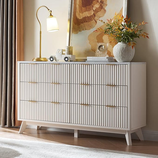 T4TREAM Fluted 6 Drawers Dresser, 54" Wide Modern Chest of Drawers with Faux Marble Top, Curved Profile Design, Dresser TV Stand, Wood Drawer Organizer for Bedroom, Living Room, Hallway, Solid White