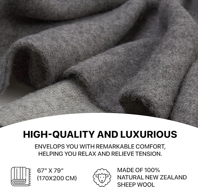 | Wool Blanket/Throw | 100% New Zealand Wool | Perfect for Home and Outdoors | Virgin Wool Throw with Fringes 67"x79" (170 x 200 cm)