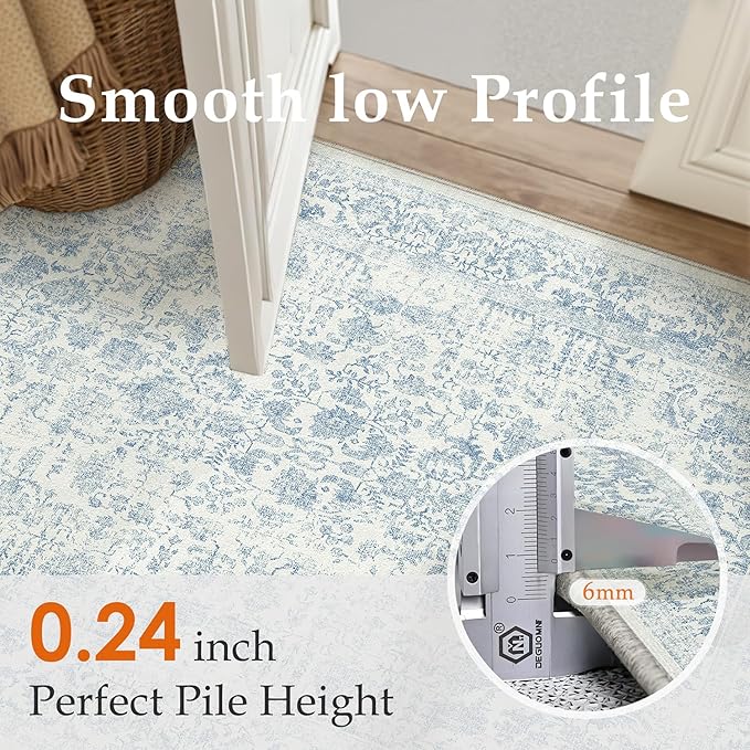 Blue Area Rug 3x5 Office Entryway Rug Machine Washable Kitchen Vintage Distressed Non Slip Carpet Indoor Retro Floral Accent Throw Door Mat for Bathroom Bedroom Dining Living Room