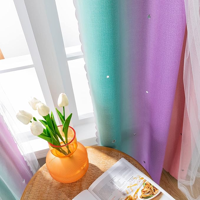 XiDi Curtains for Bedroom Decor, Rainbow PinkPuGreen-34-96
