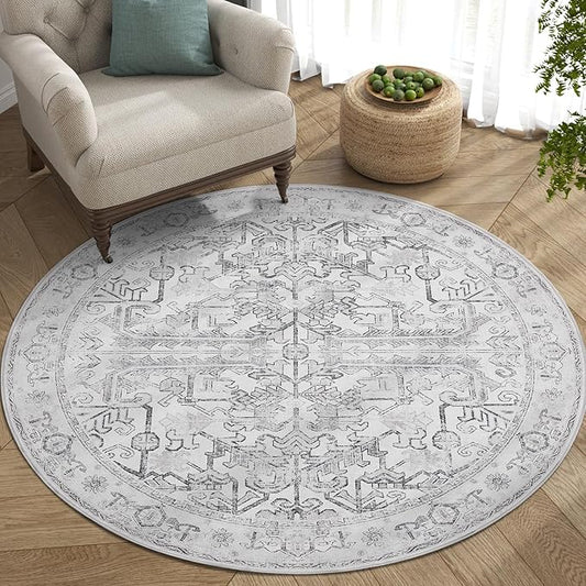 jinchan Lima Round Rug 5ft Vintage Machine Washable Area Rug Indoor Circle 5' Ultra-Thin Non-Slip Floral Print Carpet for Farmhouse Entryway Dining Room Living Room Bedroom Office (5'Round, Grey)