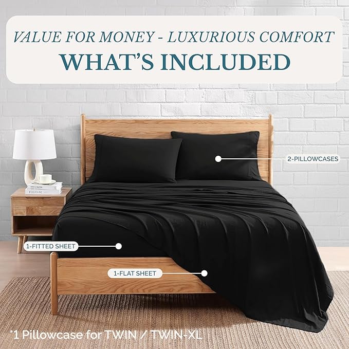Casa Platino Split King Sheets, 4 Piece Set, Pre-Washed Ultra Soft Bed Sheets Set, Brushed Microfiber Split King Bedding Sets, Split King Size Sheets with 15 inch Deep Pockets - Black