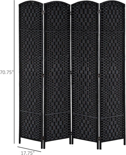 HOMCOM Room Divider, 4 Panel Folding Privacy Screen, 6FT Tall Portable Wicker Weave Partition Wall Divider for Bedroom, Home Office, Black