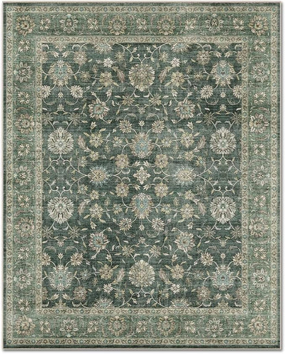 Washable 6x9 Area Rugs for Living Room, Boho Non-Slip Vintage Distress Large Rugs for Bedroom Dining Room Nursery Office, 0.3" Neutral Oriental Throw Thin Carpet, Sage Green/Blue/Multi