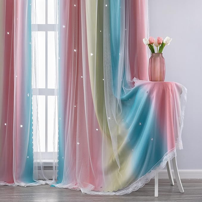 XiDi Curtains for Bedroom Decor, Rainbow Pink-Blue-52-90