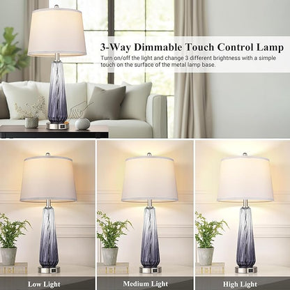 Glass Table Lamps Set of 2, Modern Bedside Lamps for Bedrooms with USB A+C Ports, 3-Way Dimmable Touch Control Nightstand Lamp with White Linen Shade, 27.5" Large Lamps for Living Room Decor, Grey