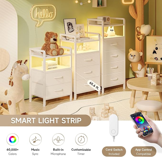 Night Stand Bedside Charger Bedroom - Nightstand with Charging Station, Bed Side Table with LED Light Strip, End Table with U-S-B Ports & AC Outlets, Storage Shelf & 3 Fabric Drawers, White